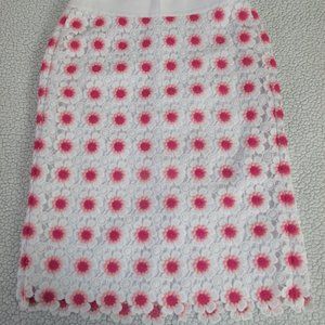 J Crew Pencil Skirt Size 6 Floral Crochet White Pink Knee Length Lined AK075